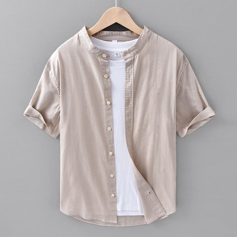 Solid Color Stand Collar Short Sleeve Shirts for Men Daily Summer Tops Casual Soft and Comfortable Cotton Linen Shirt Simple Style Men Clothing