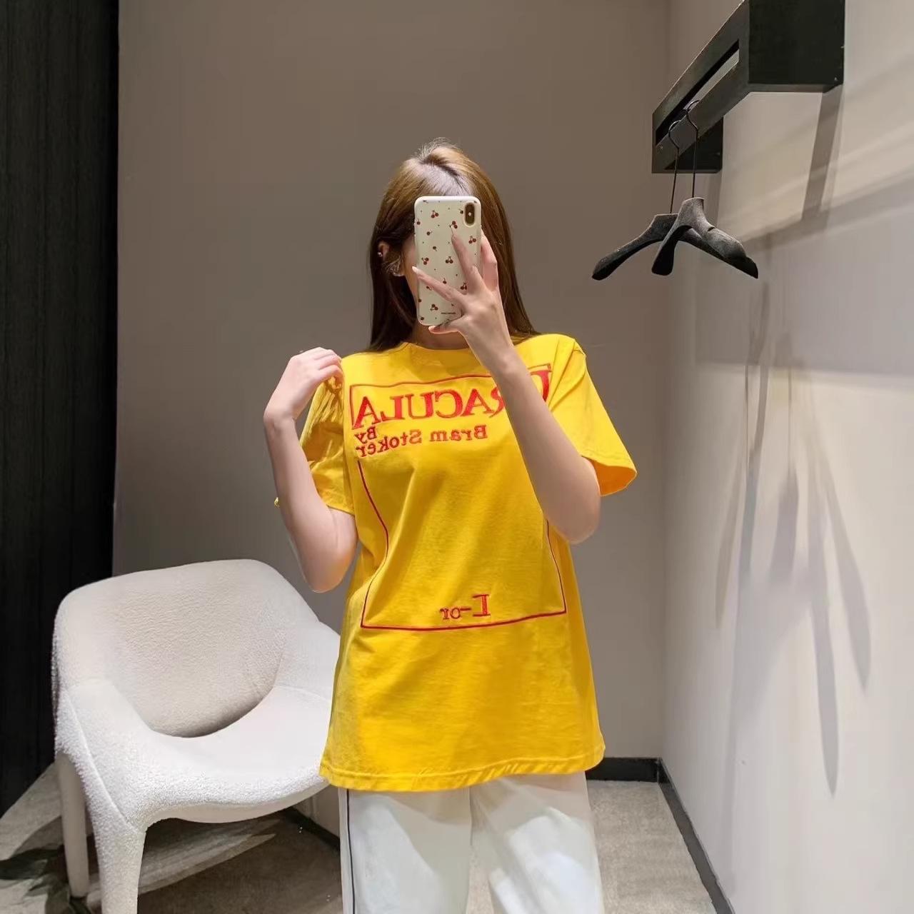2026 Spring/Summer High-End Dio Bright Yellow Embroidery Women s Round Neck Short Sleeve Top Large