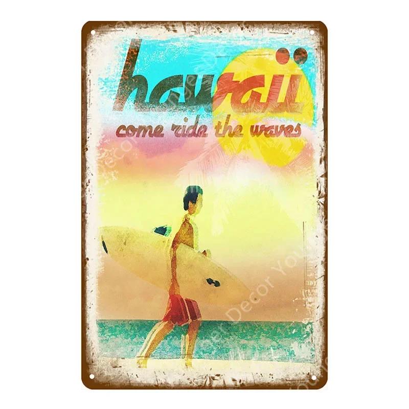 Vintage Hawaii Surfs Up Beach Welcome Metal Tin Sign Ocean Poster for Cafe Bar Outdoor Decor Home Wall Decoration