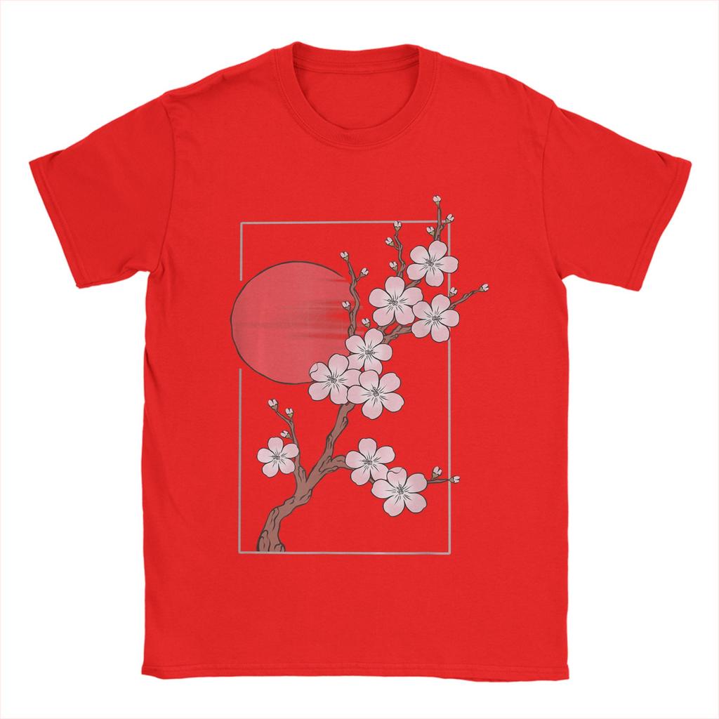 Neuheit Japanische Kirschblüten Grafik mit Sonne T-Shirt Unisex Rundhals Reines Baumwoll-T-Shirts Kurzarm T-Shirt Oberteile
