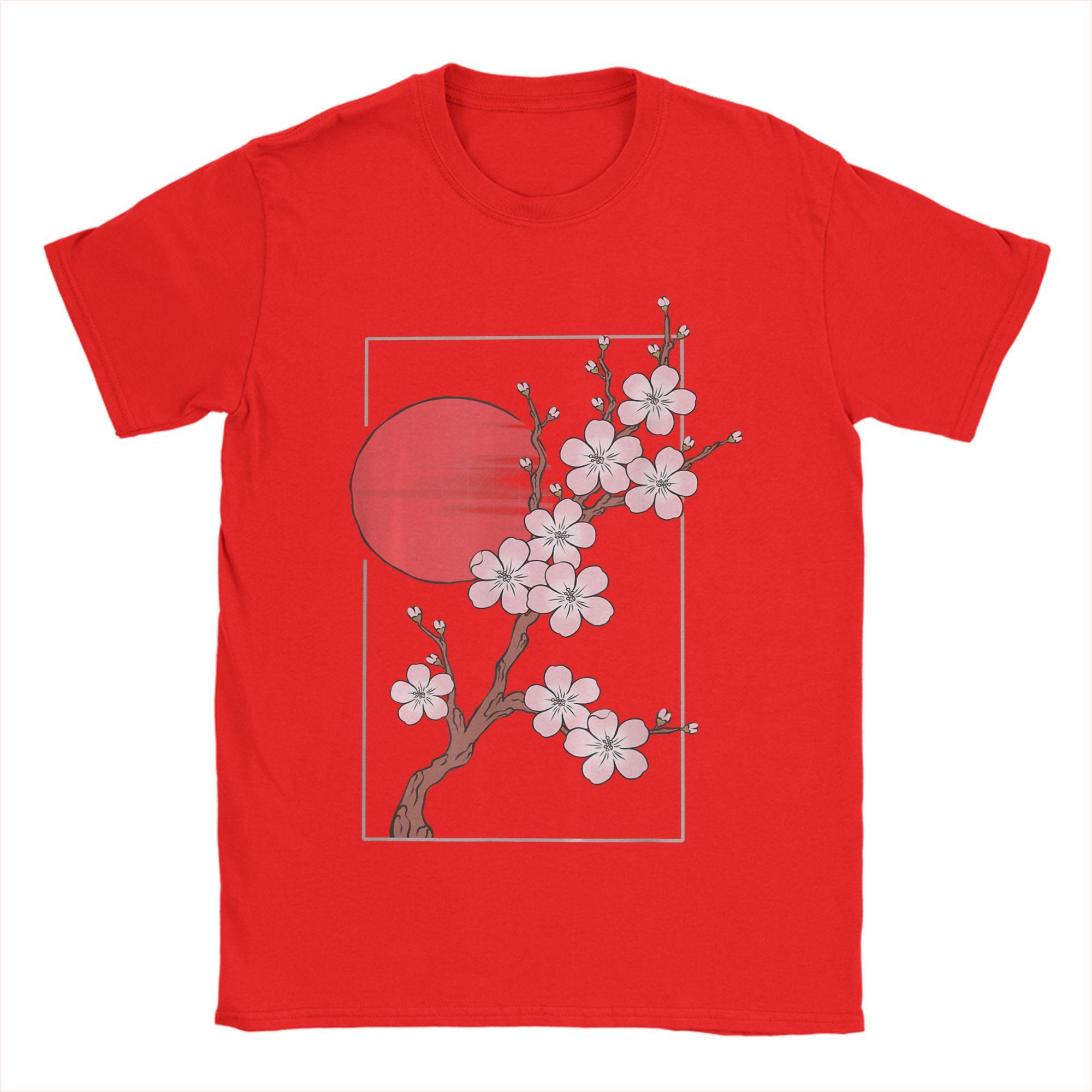 

Novelty Japanese Cherry Blossom Graphic with Sun TShirt Unisex Round Collar Pure Cotton T Shirts Short Sleeve Tee Shirt Tops S