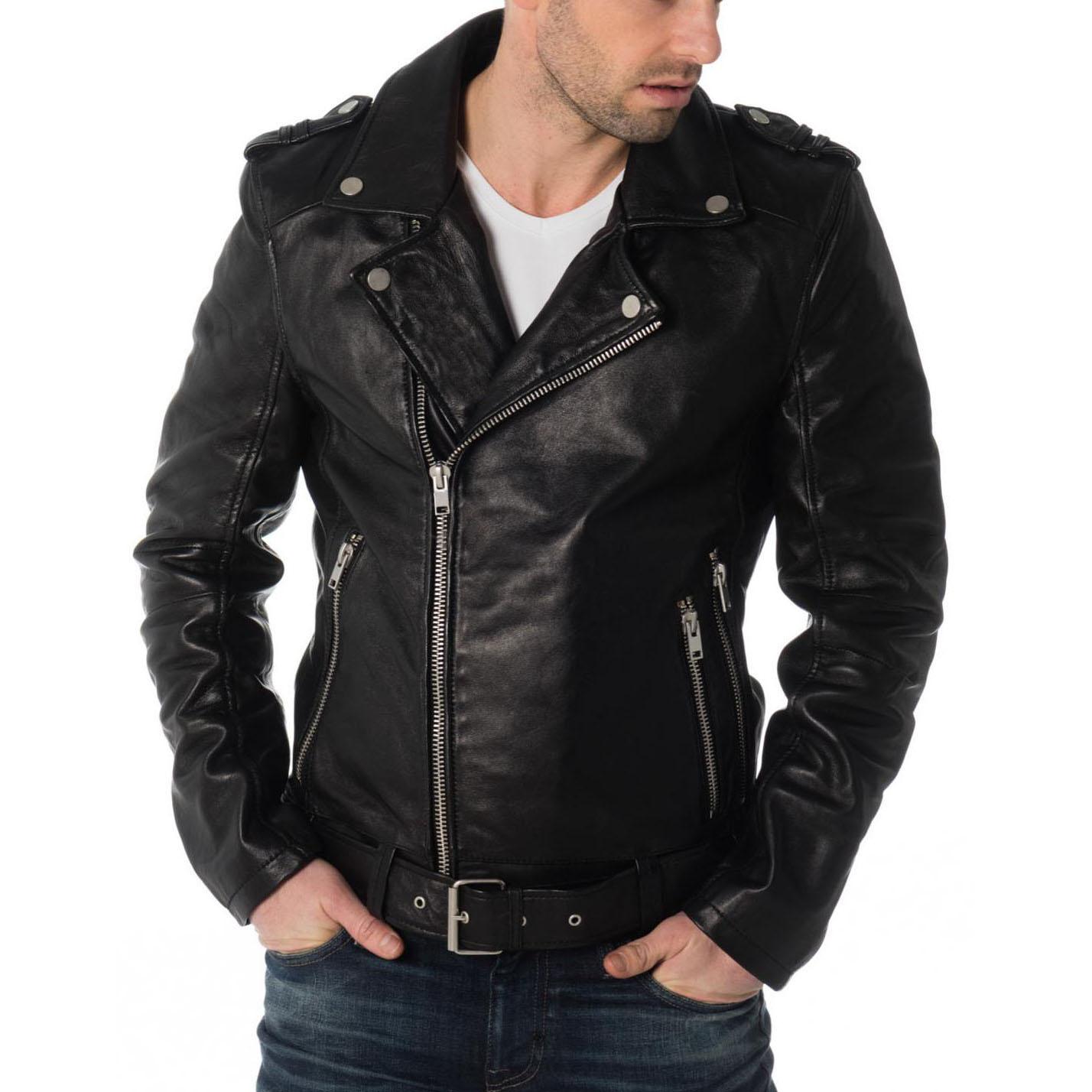 

SkinOutfit Men s Genuine Lambskin Black Leather Jacket Stylish Motorcycle Bomber Biker Outerwear MJ 242 M чорний
