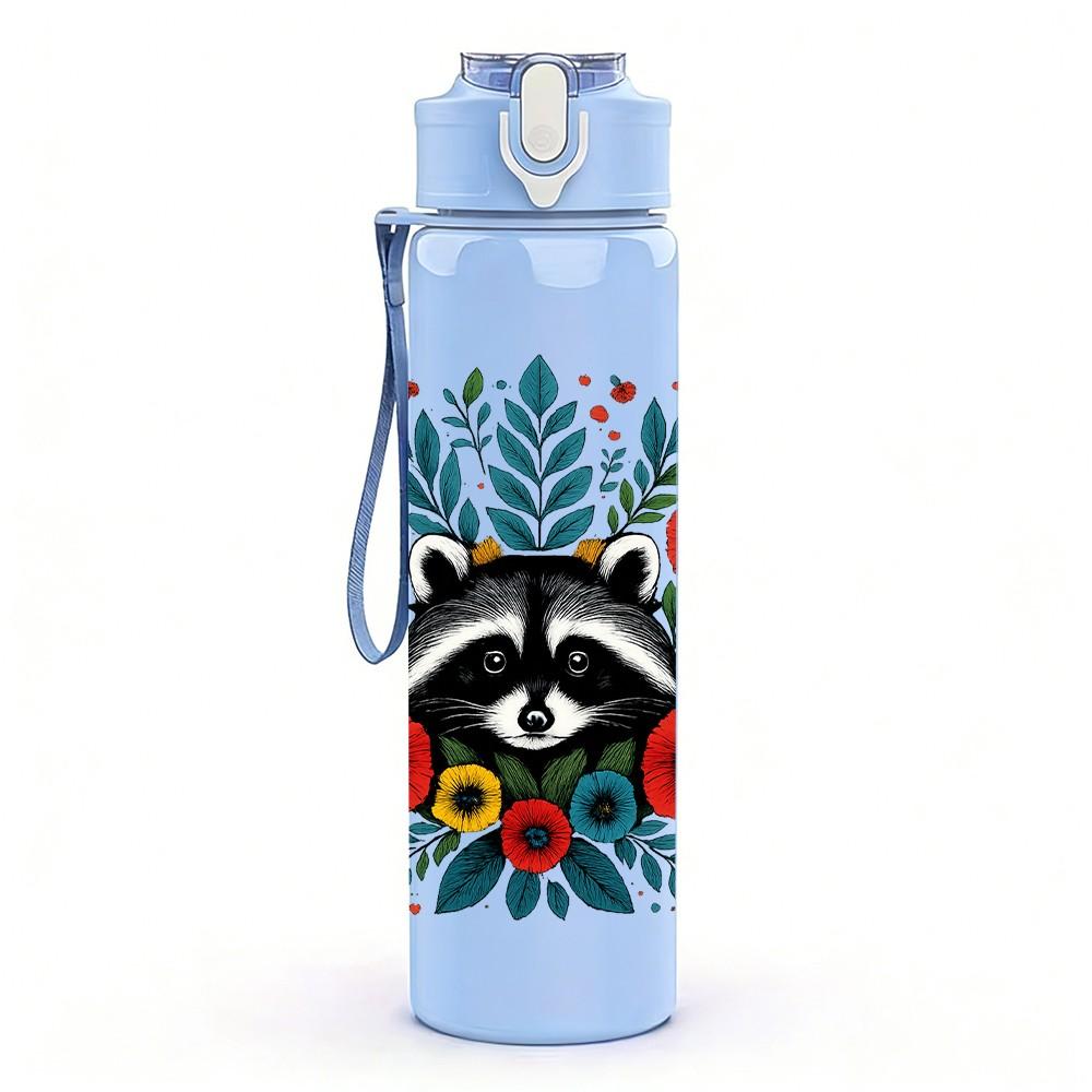 1PC Floral Raccoon Portrait 750ml Color Plastic Sports Water Bottle Leakproof Flip Straw Lid Suitable for Sports Office Home Use