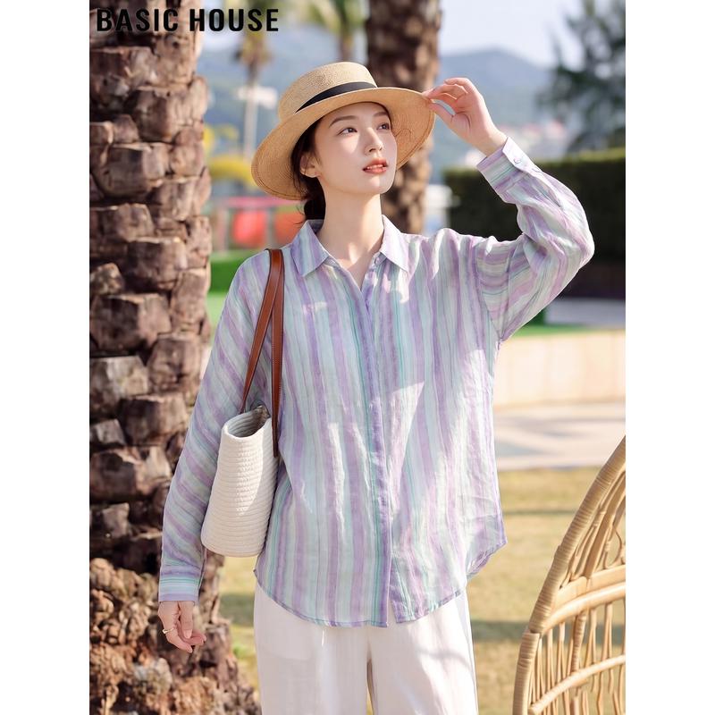 Basic House Women s Ramie Stripe Commuter Shirt One Size