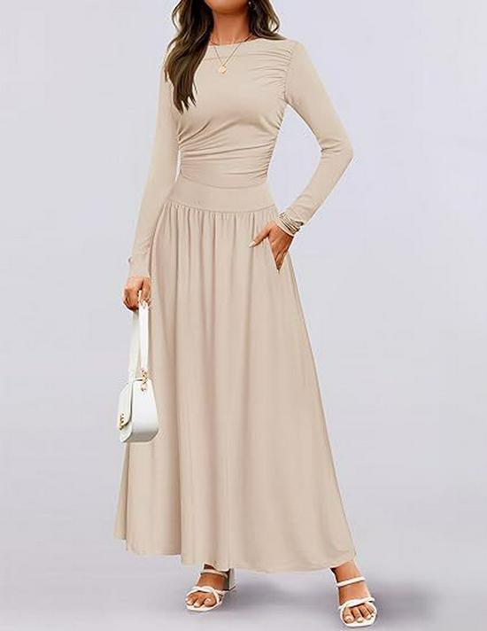 2025 Cross-border Women's Round Neck Pleated Pocket Slim Fit Long Sleeve Knit Dress