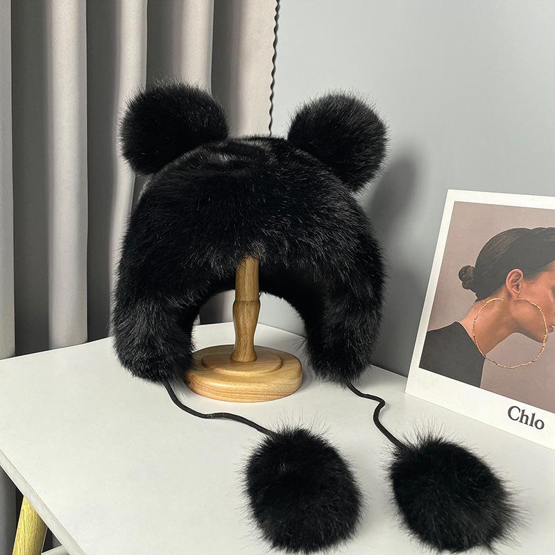 Cute Bear Ears Plush Hat Women's Winter Cycling Cold Protection Thickened Warm Face Small Ear Hat