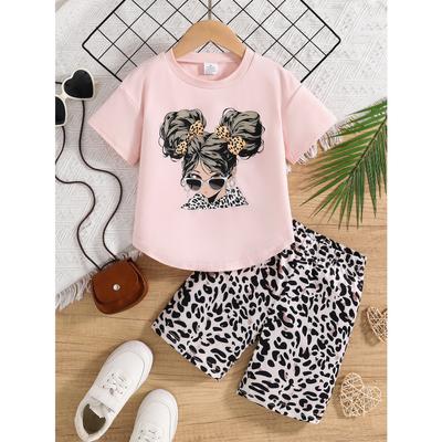Summer Fashion Girls' Set, Cartoon Cute Glasses, Girls' Cool and Breathable Short-sleeved Patterned Shorts Set