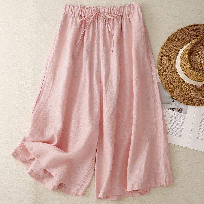 

2026 Plus Size Cotton Linen Culottes: Women s Seven-Point Thin Wide-Leg Pants, Solid Color for Chubby Girls XL (120-140 jin)