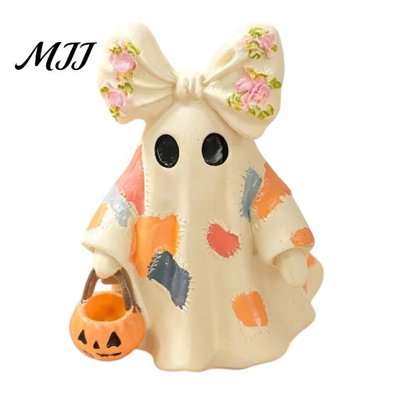 Portable Festive Table Centerpieces Halloween Bow Ghost Figurine Tabletop Ornament, Cute Resin Statue with Desktop Soft Decoration Items Pumpkin