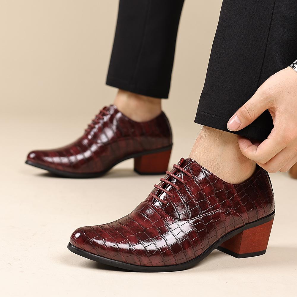 Fashionable Casual Leather Shoes Fashionable 5cm Heel Addition Men's Checkered Pattern High-Heel Chunky Heel Wedding Shoes 6cm Comfortable Shoes