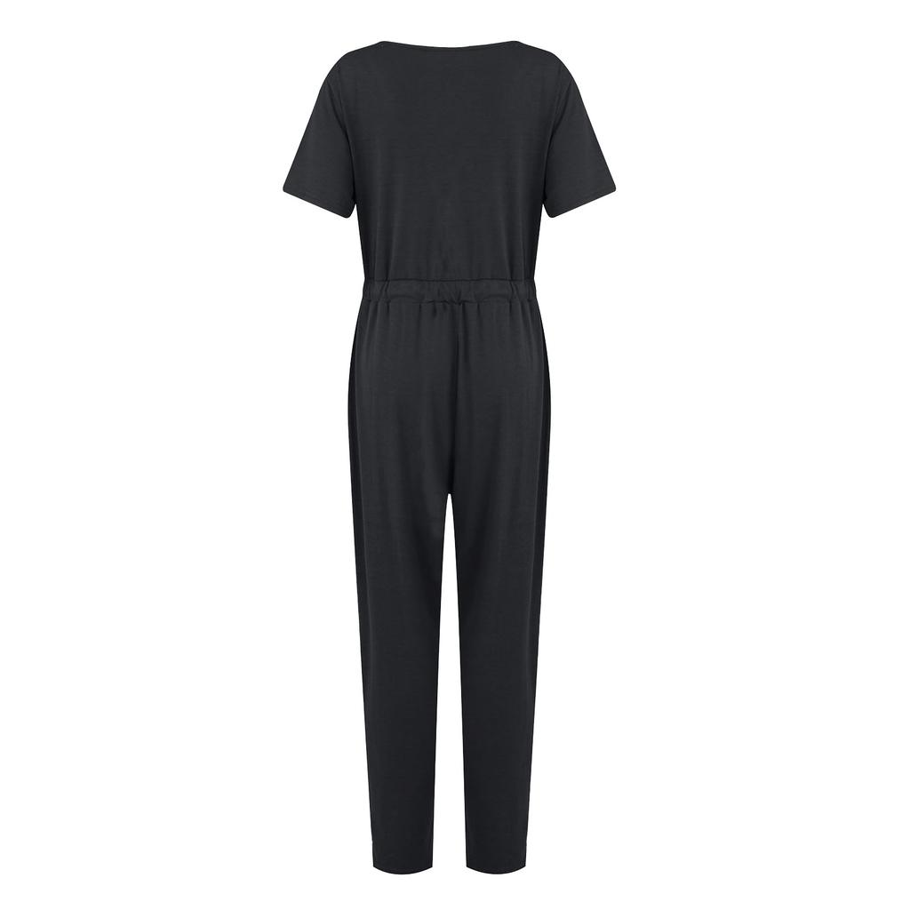 Damen Sexy Jumpsuit mit tiefem V-Ausschnitt und kurzen Ärmeln, Wickel-Kordelzug in der Taille und Taschen