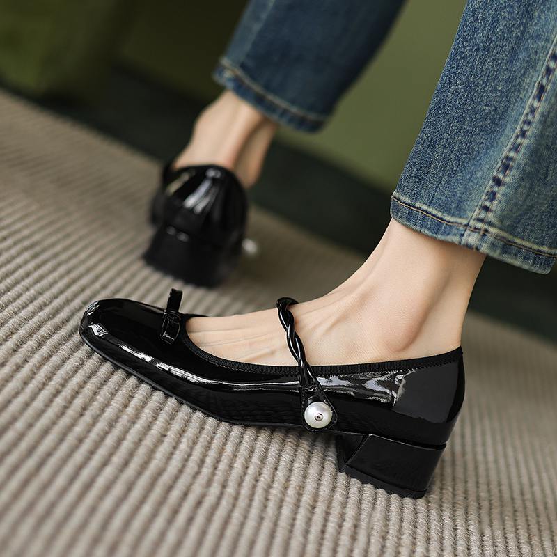 Krazing Pot Sheep Skin Spring Summer Size 41 Thick Med Heels Women Square Toe Pearl-studded Butterfly-knot Pumps