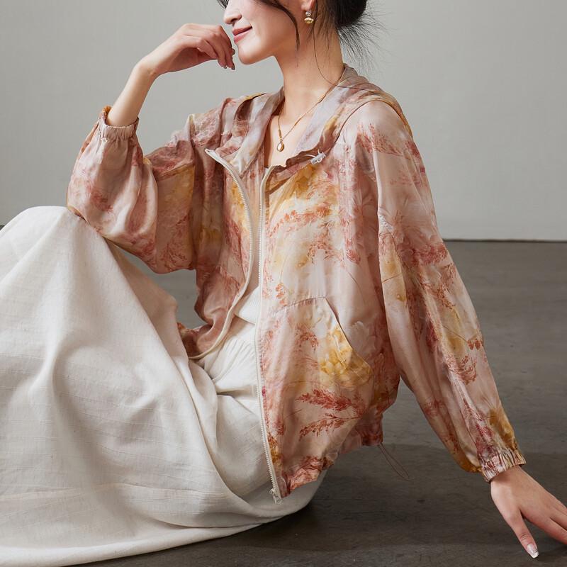SOFSIL 2026 Spring Floral Silk Hooded Short Jacket L