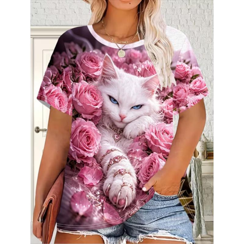 Women's Christmas T-Shirt Holiday Top Tee Round Neck Shirt Festive Wear Cheerful Print Short Sleeve T-Shirt