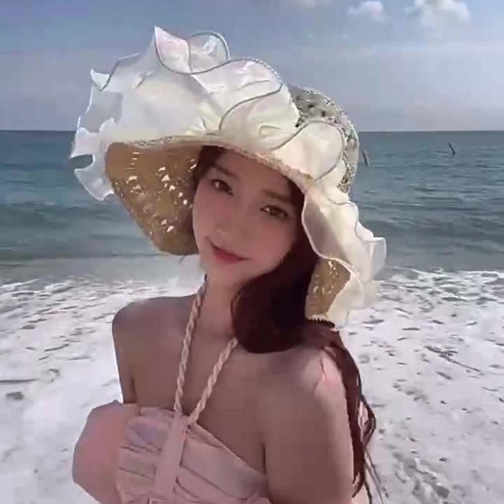 Hollow Out Lace Pearls Sun Cap Breathable Big Brimmed Woven Cap Straw Weaving Beach Hat  Travel