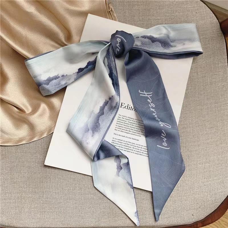 French Bow Tie Painting Silk Scarf Long Ribbon Oil Painting Headscarf Headband Hair Accessories