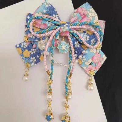 Japanese Style Girl with Hot Stamping Cherry Blossom Bow Hair Accessory Lolita Tassel Edge Clip