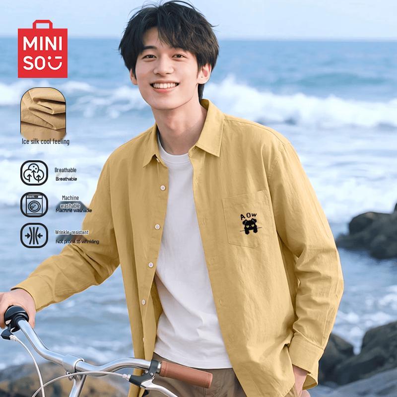 MINISO Men's Ice Silk Long-Sleeve Shirt with Dog Print