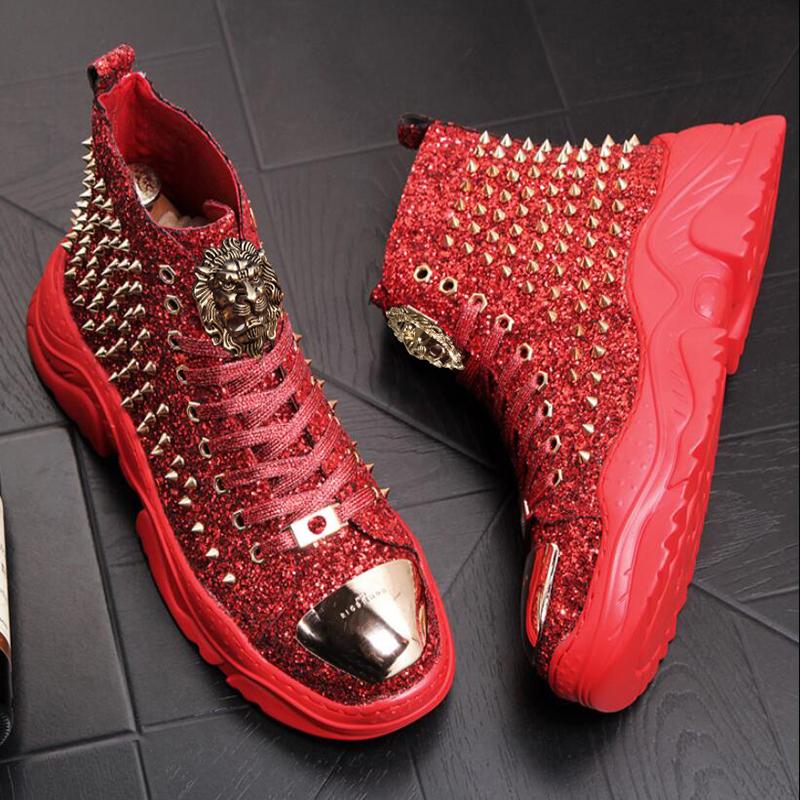 Luxury Rivet Boots Men's Shoes Designer Sneakers Me N Punk High Tops Gold Red Light Bottom Casual Platfo A7