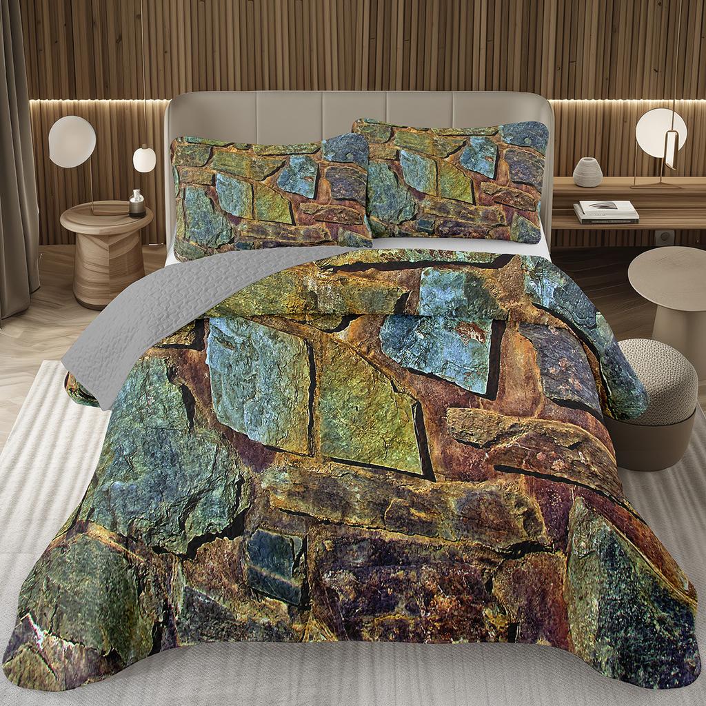 Steinmuster Tagesdecken Queen Abstraktes Marmorierung Überwurf Geometrie Bettwäscheset Für Jungen Mädchen Wendbar Gesteppte Tagesdecke Bezug