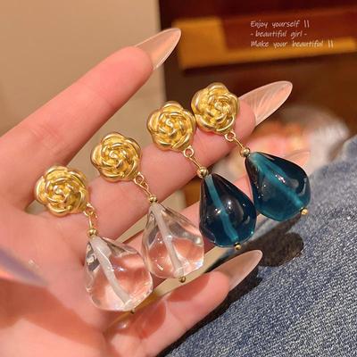 Korean Rose Teardrop Earrings: Green Crystal In French Retro Style for Women