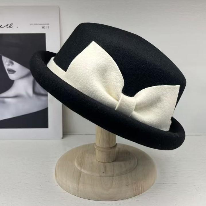 Wool curled edge small basin hat new autumn and winter top hat elegant versatile small brim bucket hat shows small face