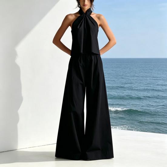 Women's Summer 2 Piece Outfits Backless Halter Sleeveless Top And Wide Leg Pants Sets Casual Vacation Matching Lounge Set