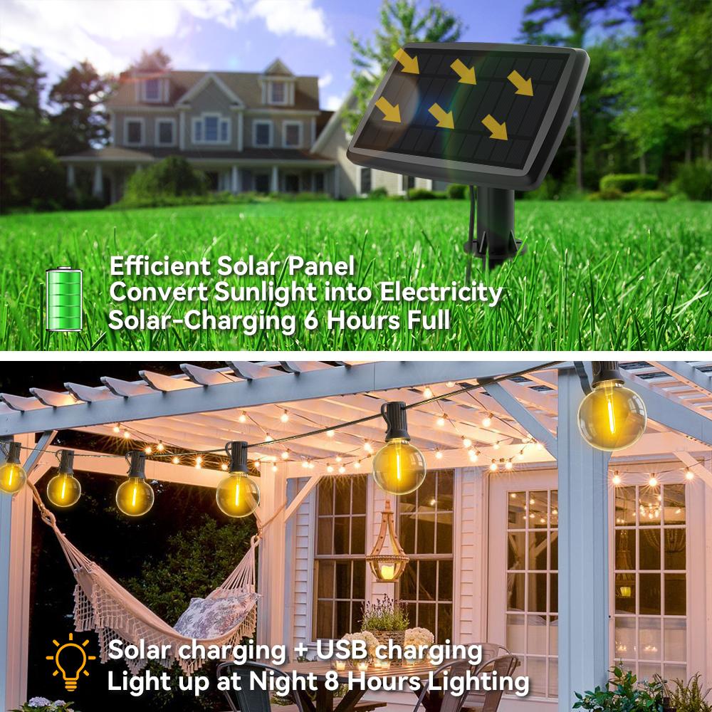 Solar G40 String Light Outdoor Solar Fairy Lights Waterproof Patio Lights With 4400mAh Solar Battery 20M 42 Bulbs 2200K