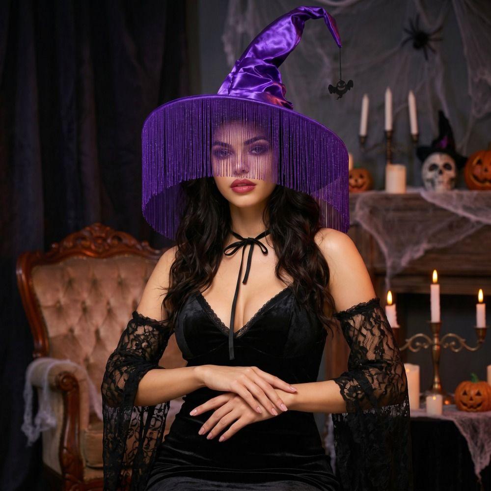 Tassel Cover Halloween Witch Hat Gothic Ghost Spider Pendant Wizard Cap Bendable Tall Pointed Cone Top Pointed Mage Hat