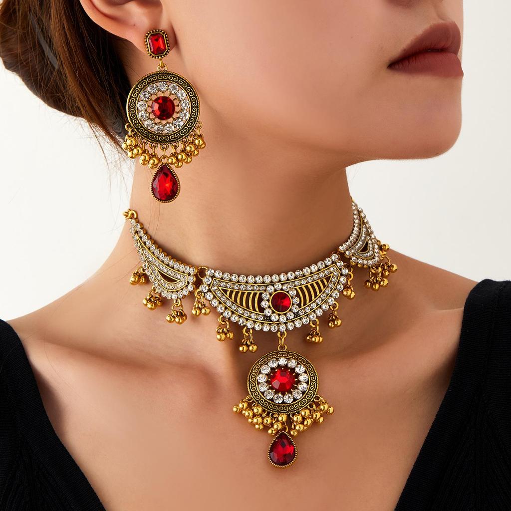 Vintage Ethnic Rhinestone Necklace & Earrings Set