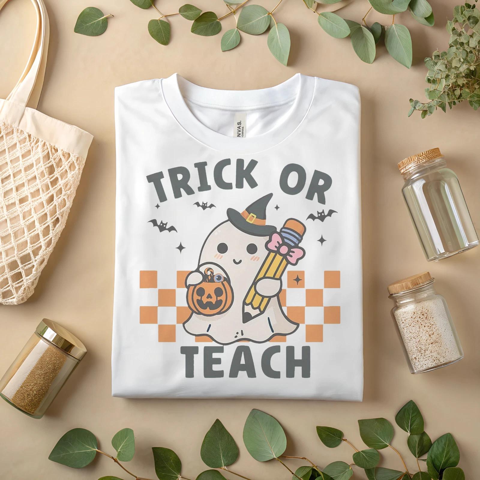 

Trick or Teach Halloween Teacher Cute Ghost Witch Pumpkin Graphic Tee A165 M