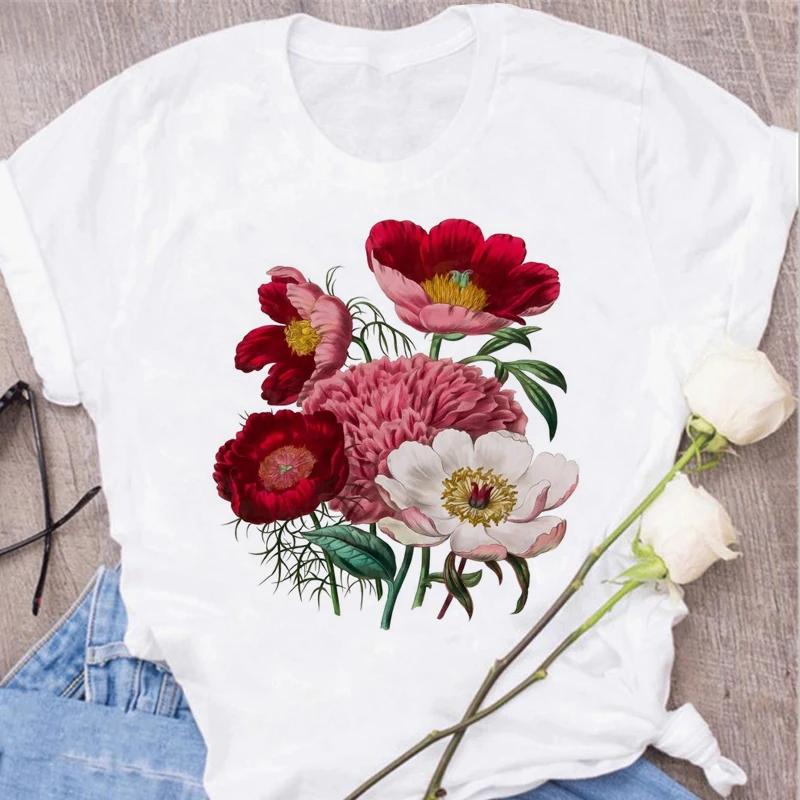 Red Rose Print Women T Shirt Summershort Sleeved Round Neck Harajuku Korean Style Graphic Tops Kawaii Female T-shirt Tops