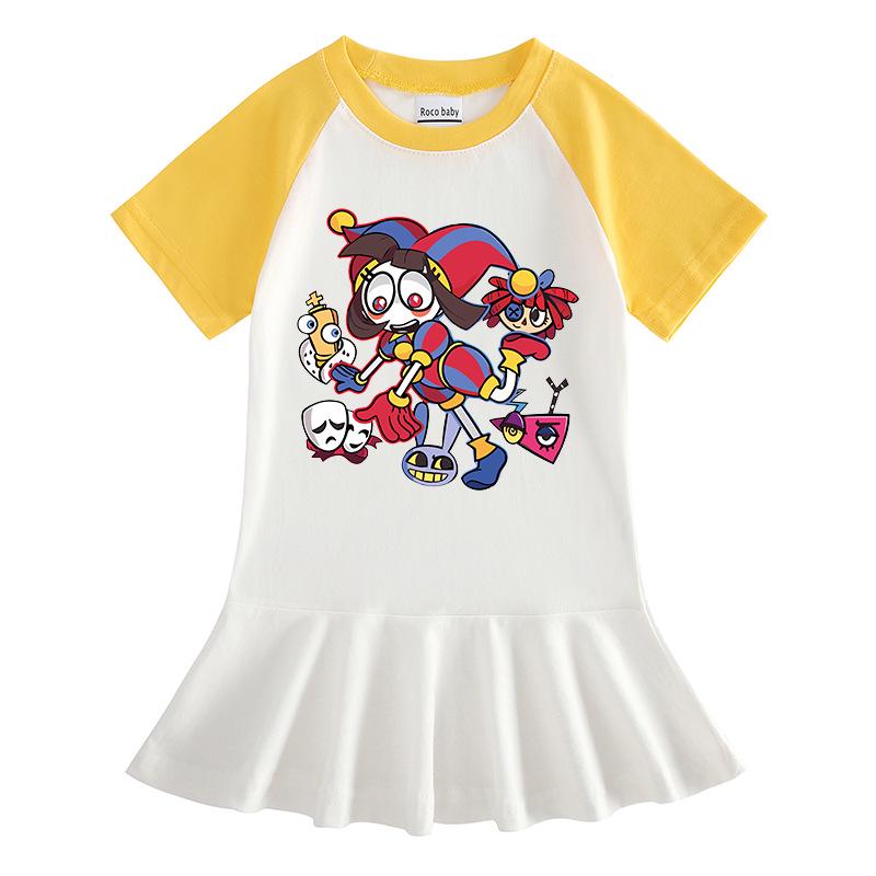 2026 Summer Korean Style Short Sleeve Cartoon Girls' Dress with Pleated Skirt