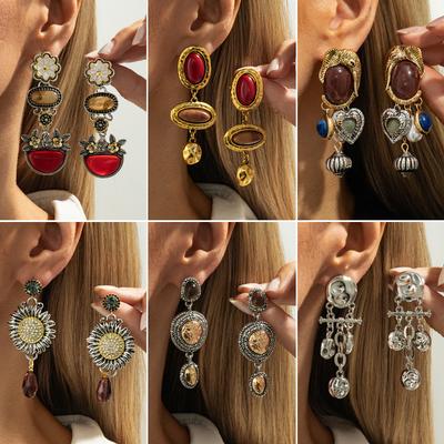 Bohemian Vintage Flower Flower Earrings Female, Premium Geometric Resin Imitation Gemstone Stud Earrings