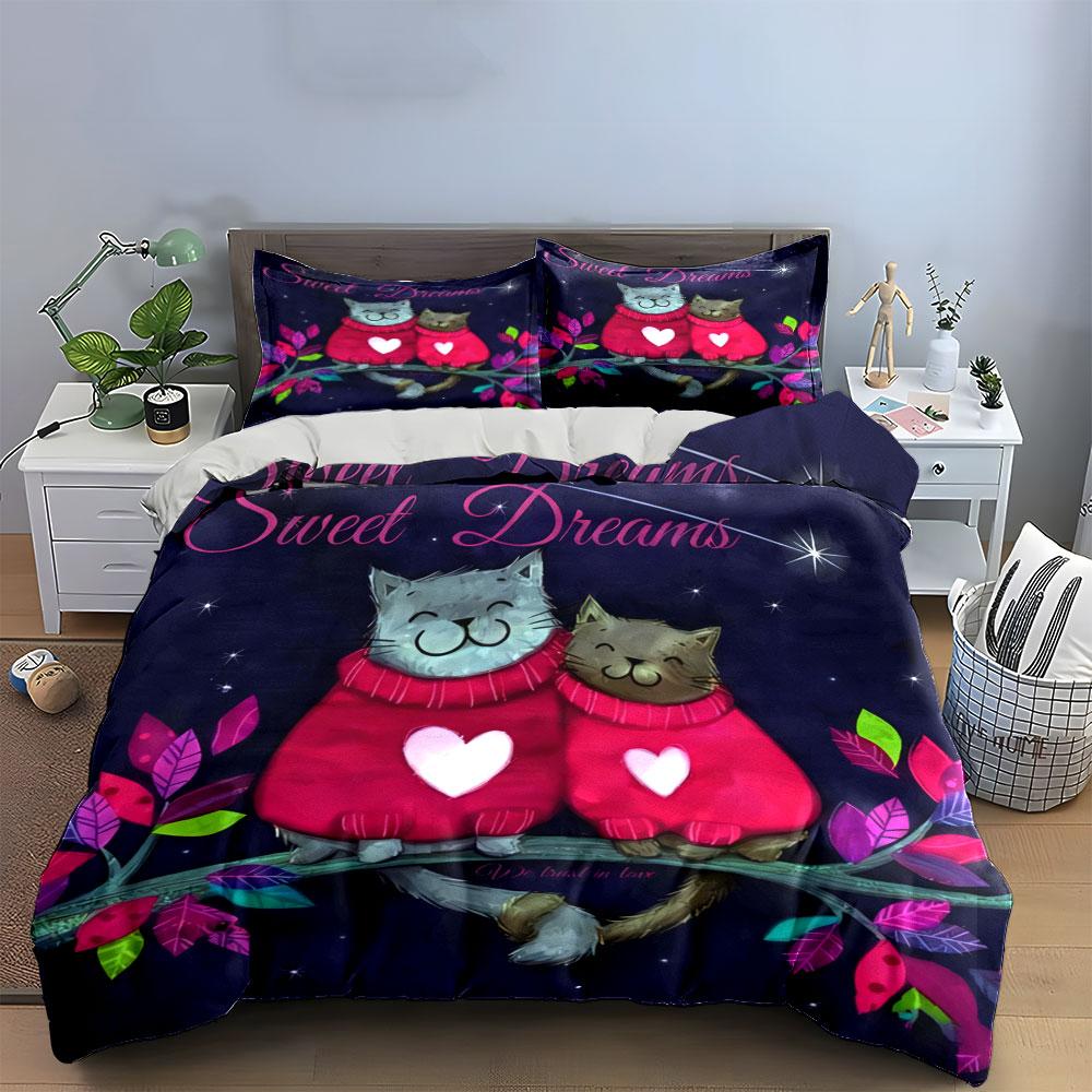 Romantic Cats Night Decor Soft Comfortable Duvet Cover Bedding Set Included 1*Duvet Cover & 2*Pillowcases, Gift