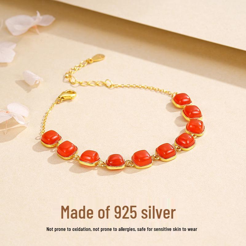 Tichiya Natural Red Agate Bracelet, S925 Sterling Silver, Retro-Style Women s Jewelry. Sterling Silver