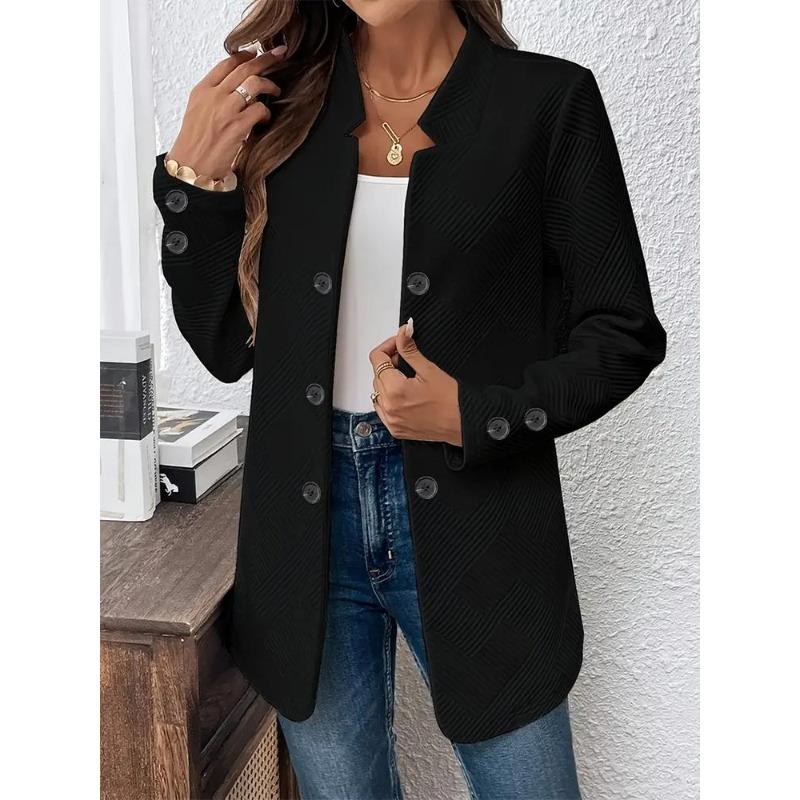 Autumn Winter New Fashion Solid Color Textured Double-Breasted Decorative Inner Pocket Long Sleeve Cardigan Jacket