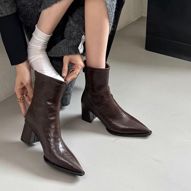 2026 Fashion Pointed Toe Modern Ladies Short Boots Shoes Female Square Heels Women Ankle Stretch Boots Zippers Shoes Pumps 35-42
