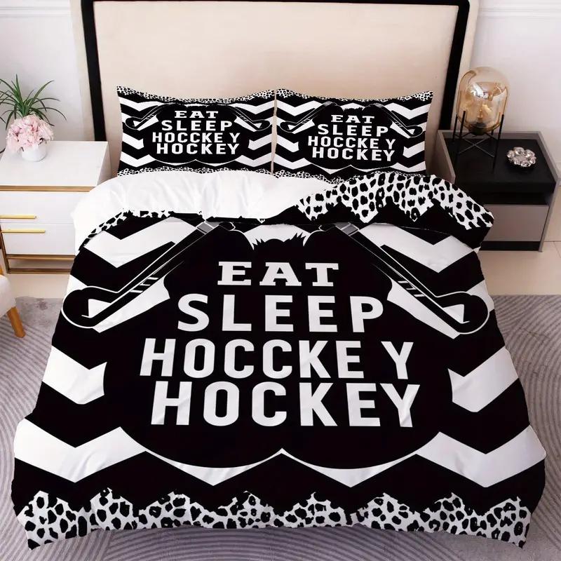 Hockey Player Duvet Cover Set Sports Theme Breathable Polyester Bedding Digital Print Machine Washable