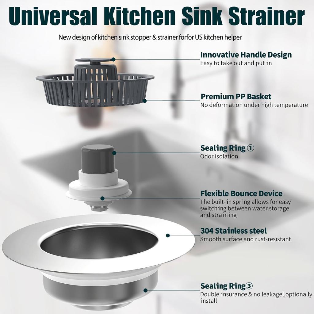 Upgraded 3 In 1 Kitchen Sink Drain Strainer - Stopper Set, Stainless Steel Kitchen Sink Stopper, Pop Up Anti-Clogging Sink Strainer Basket Filter for