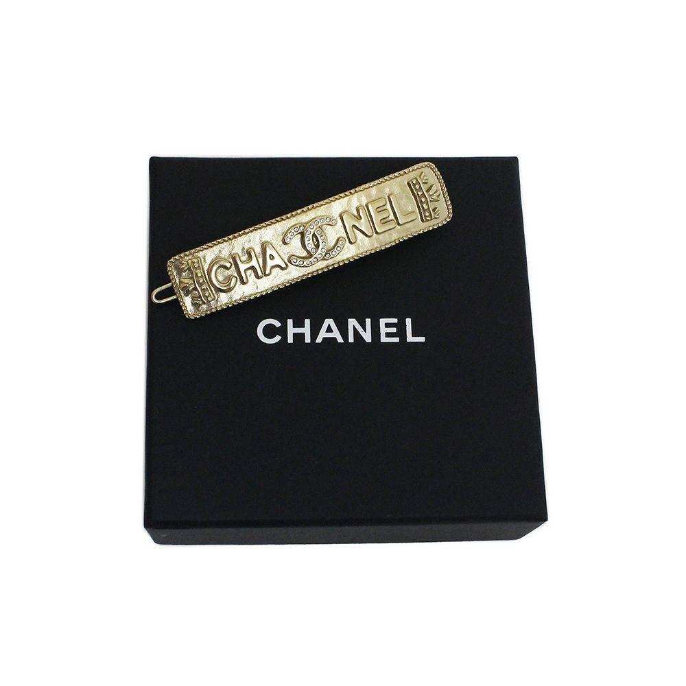Used Chanel Coco Mark Rhinestone Logo Hair Clip Hair Accessory Barrette Gold AB6653 With Box CHANEL (New Unused)