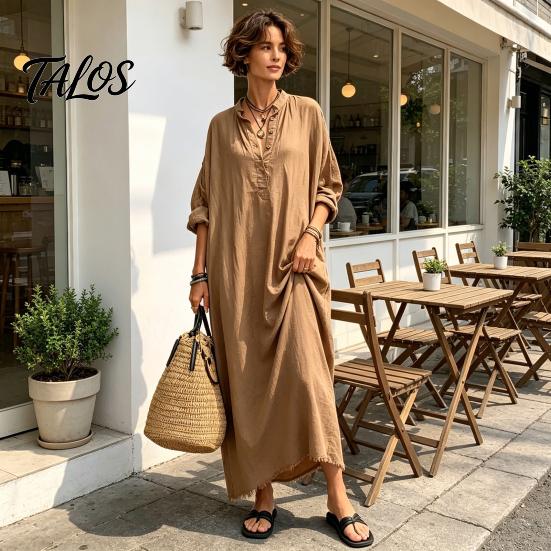 Beach Dress for Women Summer Maxi Women, V-Neck Casual Oversized Boho Long Elegant Dress, Sleeve Button Up Vacation Sundress with Pockets Lightweight