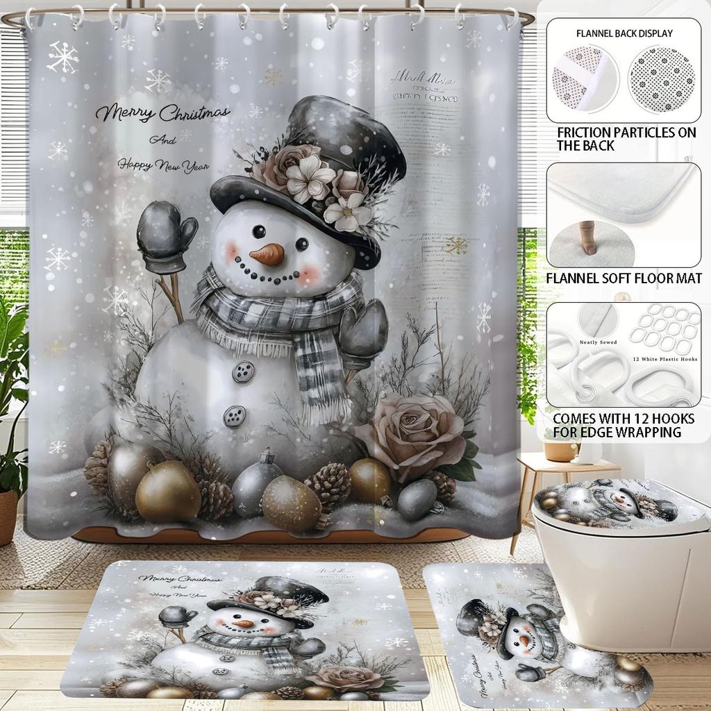 4pcs Christmas Cute Snowman Printed Bathroom Set 180x180 Waterproof Shower Curtain Floor Mat Toilet Mat U-shaped Mat