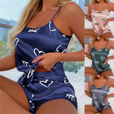 Pijama de seda helada para mujer, conjunto de pijama, camisola, pantalones cortos, gris, rosa, corte bajo, cómodo, informal, de verano