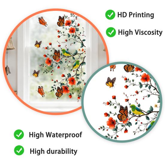 Blumen Schmetterling Vogel Fensteraufkleber, Selbstklebender Statischer Glassticker für Wohnzimmer Dekoration, Rückstandsfrei Abnehmbare Wandkunst