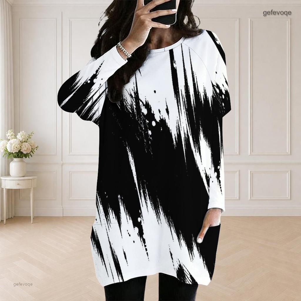 Women Plus Size Round Neck Long Sleeve Loose Black White Printed Longline Tunic With Pockets