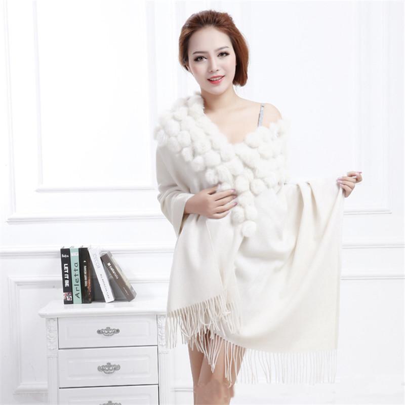 Women's Cashmere Wool Over Size Scarf With Rabbit Fur Ball Collar Winter Rabbit Fur Infinity Scarves Neck Fur Collar Hand Knit