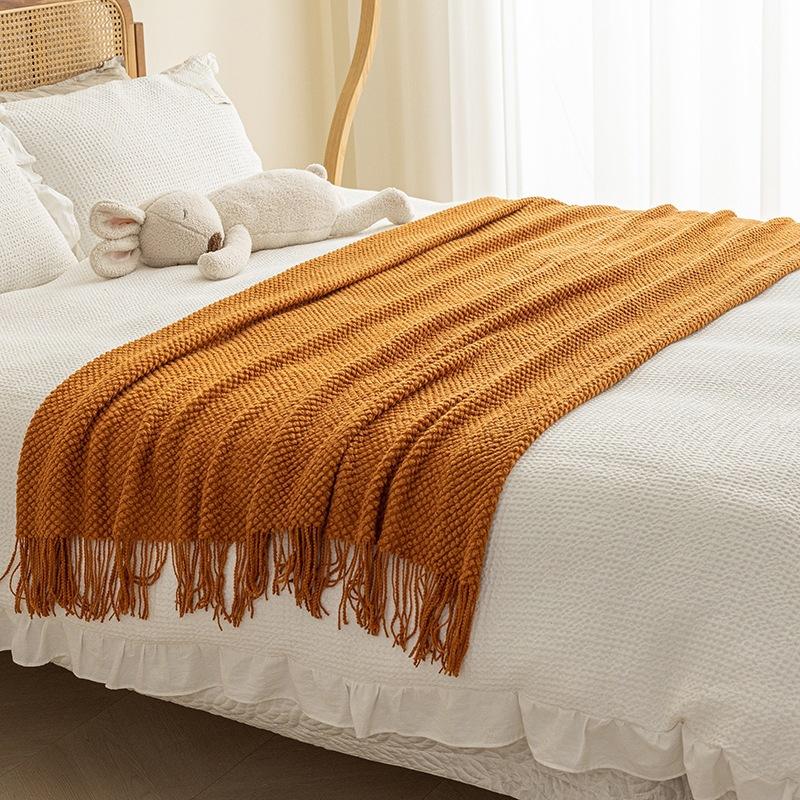 Ins Style Homestay Bed End Towel Thick Thread Woven Air Conditioning Blanket Solid Color Bubbles Camping Sofa Blanket Multi Functional Tassel Bedding