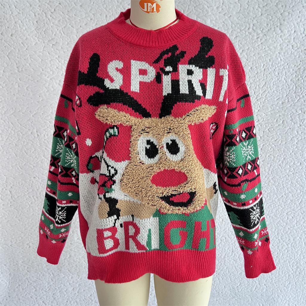 Autumn and winter new Christmas sweater for women wearing loose chic knitted reindeer jacquard top pullover sweater 3531 EMA