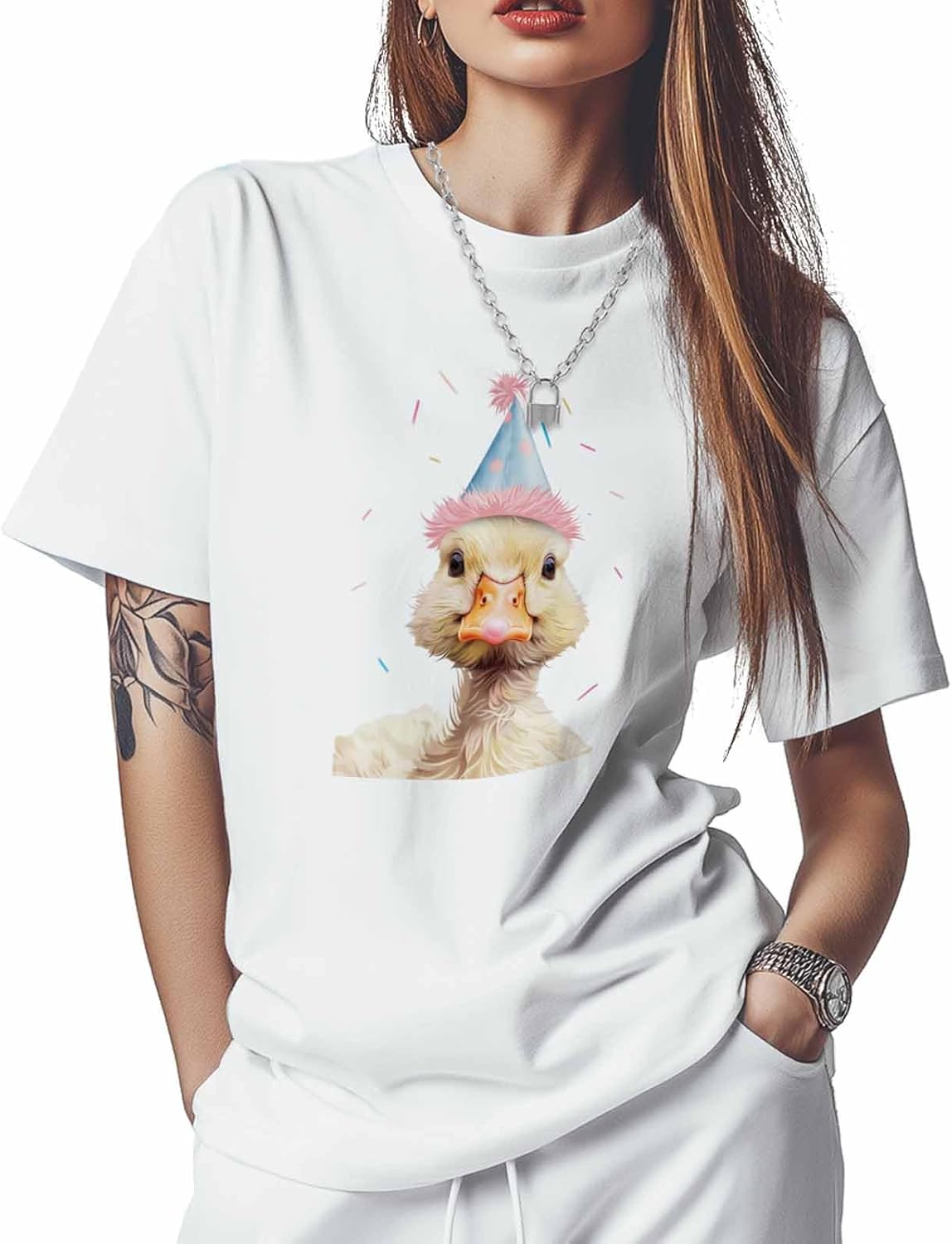 

T Shirts for Women Graphic Tees Birthday Duck Crew Neck Short Sleeve Shirts for Women Ribbon Casual T-Shirt 5XL різнокольоровий